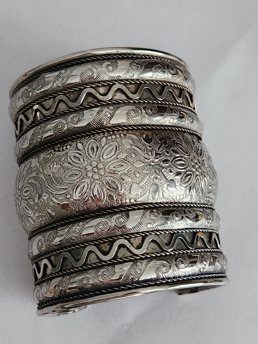 Sterling Silver Floral Engraved Wide Cuff Bracelet - Silver